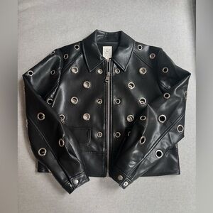 Black Leather Jacket with Grommet Detailing
